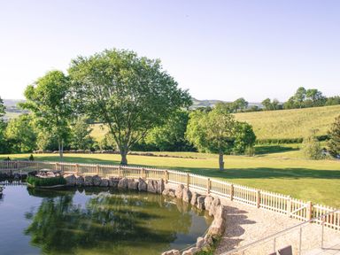 An outdoor pond surrounded by a wooden fence and rocks with trees and grassy fields in the background at Swallows Dip Honiton