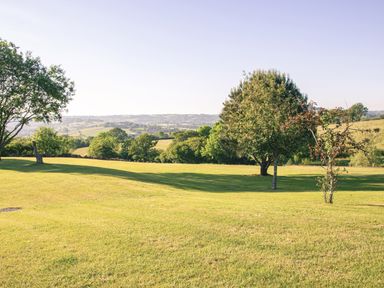 A grassy garden area with scattered trees and a view of distant hills at Swallows Dip in Honiton