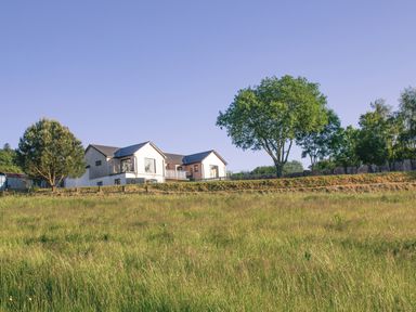 A house with large windows on a hill surrounded by grass and trees at Swallows Dip in Honiton