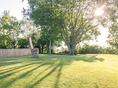 An outdoor grassy area with trees a wooden fence and a tree stump bench at Swallows Dip in Honiton