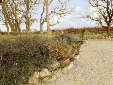 A gravel pathway with a stone border beside a garden with leafless trees and bushes at Trem Y Wyddfa in Gaerwen