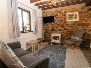 A living room with a grey sofa a grey armchair a blue rug and a wall-mounted television at Trem Y Wyddfa in Gaerwen