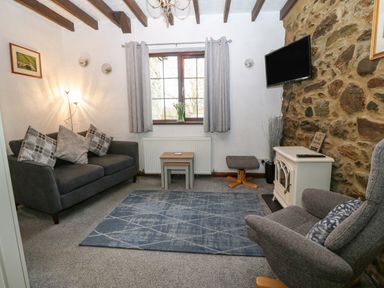 A living room with a sofa armchair small tables rug and a TV on a stone wall at Trem Y Wyddfa in Gaerwen