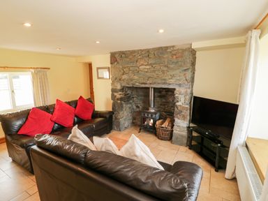 A living room with black leather sofas and red pillows a stone fireplace with a wood stove and a television on a black stand at Penllyn in Newborough
