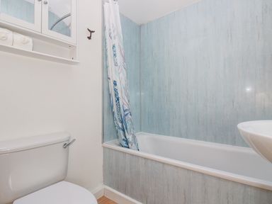 A bathroom with a toilet bathtub shower curtain and wall cabinet at Longships in Porthcurno