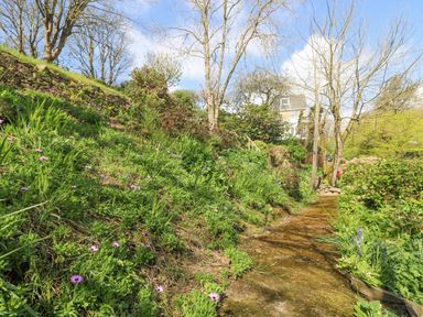 A garden path surrounded by greenery and flowers with trees and a house in the background at Longships in Porthcurno