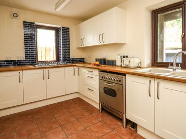 A kitchen with white cabinets wooden countertops a stove a sink windows and blue tiled backsplash at Pant Y Rhedyn in Abbeycwmhir near Rhayader