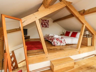 A bedroom with a bed red cushions floral blanket wooden beams and a full-length mirror at Pant Y Rhedyn in Abbeycwmhir near Rhayader