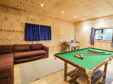 A game room with a pool table brown sofa wooden walls and a small dining table at Pant Y Rhedyn in Abbeycwmhir near Rhayader