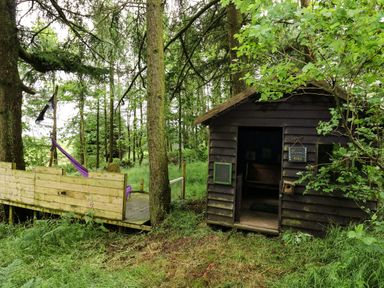 A small wooden shed with an open door next to a wooden platform with a purple hammock in a forested area at Pant Y Rhedyn in Abbeycwmhir near Rhayader
