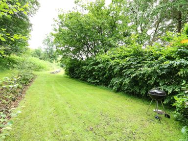 A grassy garden path with trees and bushes along the sides and a barbecue grill on the right at Pant Y Rhedyn in Abbeycwmhir near Rhayader