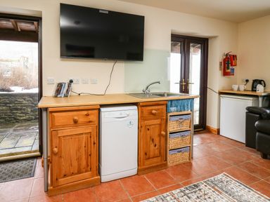 A kitchen area with wooden cabinets a sink a dishwasher a flat screen TV and a mini fridge at Pant Y Rhedyn Abbeycwmhir near Rhayader