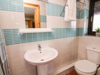 A bathroom with a white sink and toilet blue and white tiled walls and a window with a plant on the sill at Pant Y Rhedyn in Abbeycwmhir near Rhayader