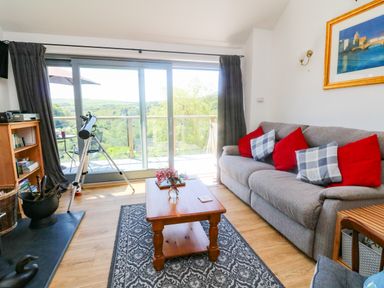 A living room with a gray sofa with red and plaid cushions a wooden coffee table a telescope by sliding glass doors and a bookshelf at Higher Bumsley Barn in Parracombe
