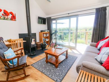 A living room with a wood stove a rocking chair a wooden coffee table and a sliding glass door at Higher Bumsley Barn in Parracombe