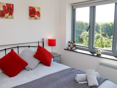 A bedroom with a bed with red and gray pillows a gray blanket a bedside table with a red lamp and a window showing green trees at Higher Bumsley Barn Parracombe