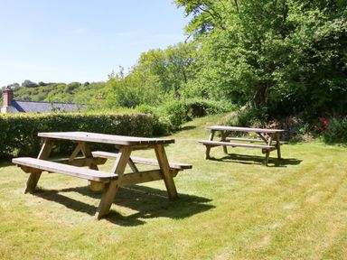 Two wooden picnic tables on a grassy area with trees and bushes at Higher Bumsley Barn in Parracombe