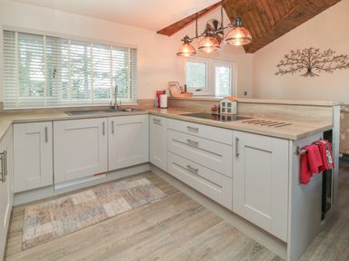 A kitchen with white cabinets a sink cooktop hanging lights and a wall decoration at Treetops in Otterburn