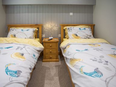 A bedroom with two single beds separated by a wooden nightstand with a lighted decorative tree at Treetops in Otterburn