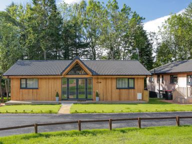 A wooden cabin with a tiled roof and glass double doors in front of trees at Treetops in Otterburn