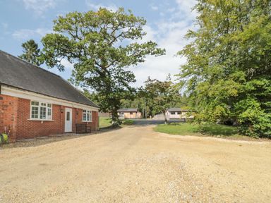 A gravel driveway with a brick building on the left trees and wooden houses in the background at Treetops in Otterburn