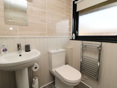 A bathroom with a sink a toilet a towel heater and a frosted window at Pine Tree in Otterburn
