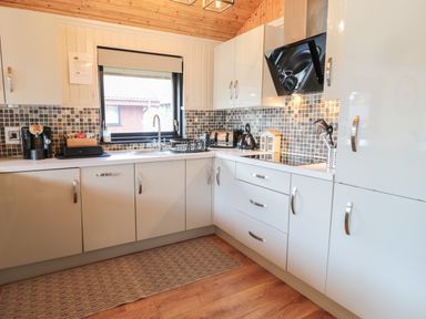 A kitchen with white cabinets a window and various appliances at Pine Tree in Otterburn