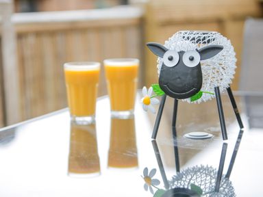 A glass table with two glasses of orange juice and a decorative metal sheep holding a flower at Pine Tree in Otterburn