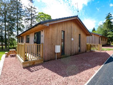 Wooden cabin with fenced porch and picnic table on gravel surrounded by trees at Broken-Sky Lodge in Otterburn