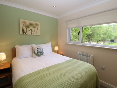 A bedroom with a double bed green accent wall bedside tables lamps and window showing trees at Broken-Sky Lodge in Otterburn