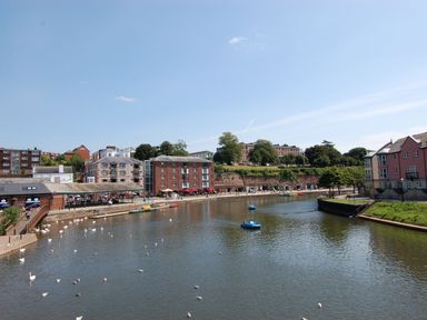 A river with boats and birds near buildings and a park at Broadclyst Cottage in Ottery St Mary