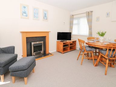 A living room with a fireplace gray armchair ottoman wooden TV stand and dining table with chairs at Broadclyst Cottage Ottery St Mary