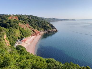 A coastal cliff with green vegetation overlooking a small beach and calm sea at Barwood View in Torquay
