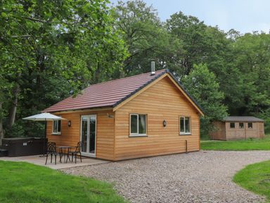 A wooden cabin with a patio table umbrella and chairs near trees and a shed in the background at Park Brook Dell in Scorton
