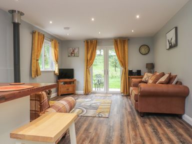 A living room with brown sofas a wooden cabinet television and mustard curtains at Park Brook Dell in Scorton