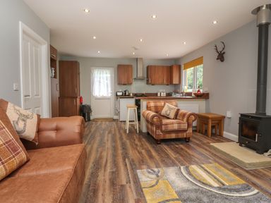An open plan living room and kitchen with brown leather and plaid armchairs a wood burning stove and wooden cabinets at Park Brook Dell in Scorton