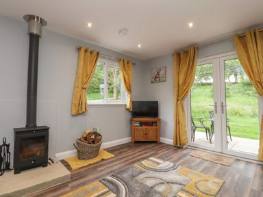 A living room with a wood-burning stove a basket of firewood a television on a wooden cabinet a patterned rug yellow curtains and a glass door leading outside at Park Brook Dell in Scorton