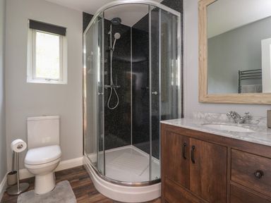 A bathroom with a shower enclosure toilet and sink with wooden cabinet at Park Brook Dell in Scorton