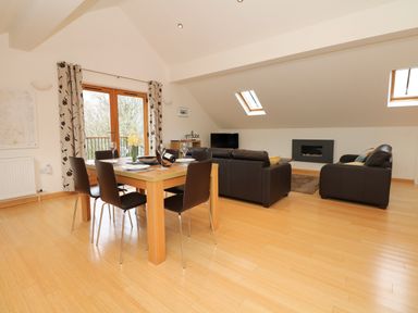A dining table with six chairs and a vase with flowers next to two sofas and a fireplace in a living room at Cholwell Barn Apartment in Mary Tavy