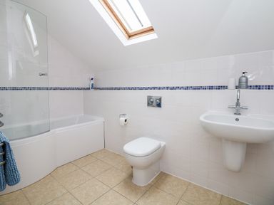A bathroom with a bathtub shower toilet sink and skylight at Cholwell Barn Apartment in Mary Tavy