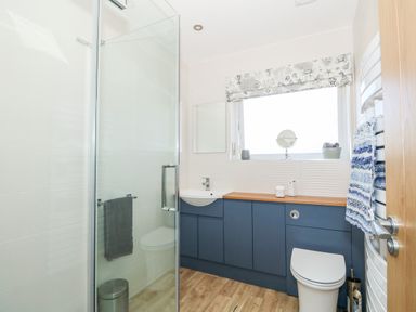 A bathroom with a shower, toilet, sink, blue cabinets, wooden countertop, and a window at Sunnyside in Wells-Next-The-Sea