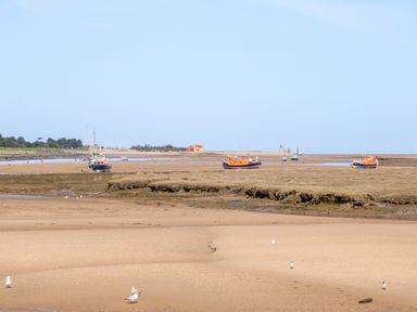 A coastal scene with boats on tidal flats and seagulls on the sand at Sunnyside in Wells-Next-The-Sea