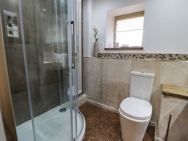 A bathroom with a glass shower enclosure a toilet a small window and a vase with flowers at Hen Dy Craig Yr Ronwy Capel Celyn near Bala