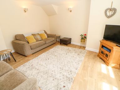 A living room with two sofas a rug a TV on a wooden stand and a plant at 1 The Stables in Alston