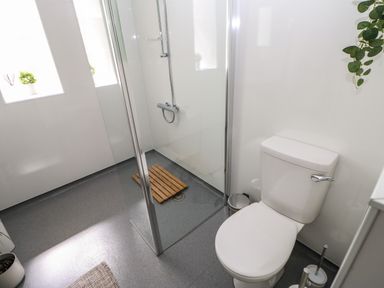 A bathroom with a toilet, glass-enclosed shower with wooden mat, plants on windowsill and wall at 1 The Stables in Alston