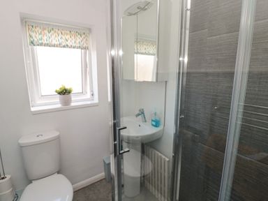 A bathroom with a toilet sink shower with glass door and a window with a patterned blind at The Nest in Beadnell