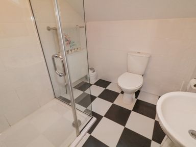A bathroom with a glass shower enclosure a toilet and a sink with black and white checkered floor tiles at Loughanure Lake View in Loughanure County Donegal