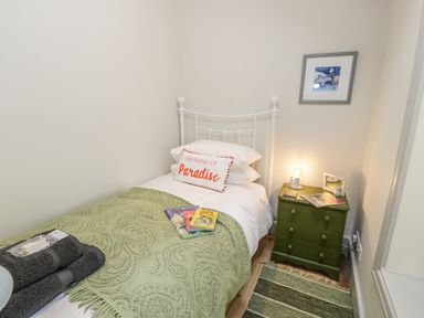 A small bedroom with a single bed green blanket and a green bedside table with a lamp at Swn yr Afon in Beddgelert