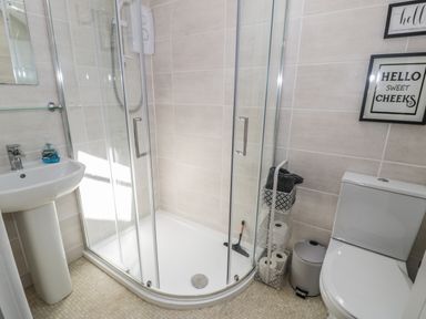 A bathroom with a shower enclosure a sink a toilet and a storage rack with towels and toilet paper at Swn yr Afon in Beddgelert