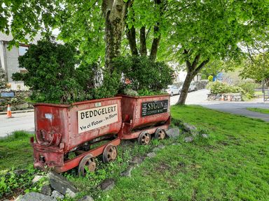 Two red mining carts used as planters with plants inside on green grass near a tree and a road in Beddgelert